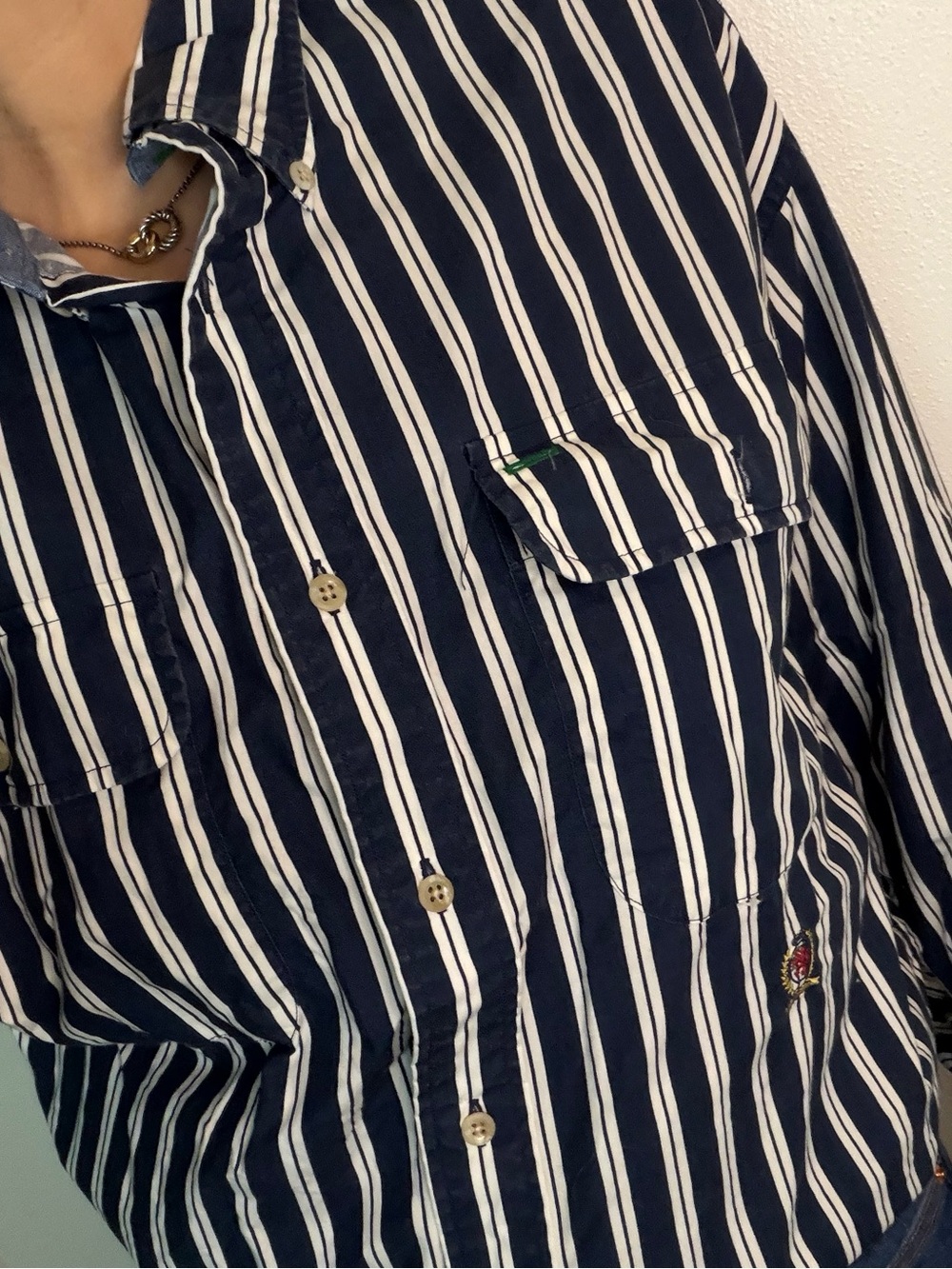 Tommy Hilfiger 90’s Y2K navy blue white striped button up down medium m